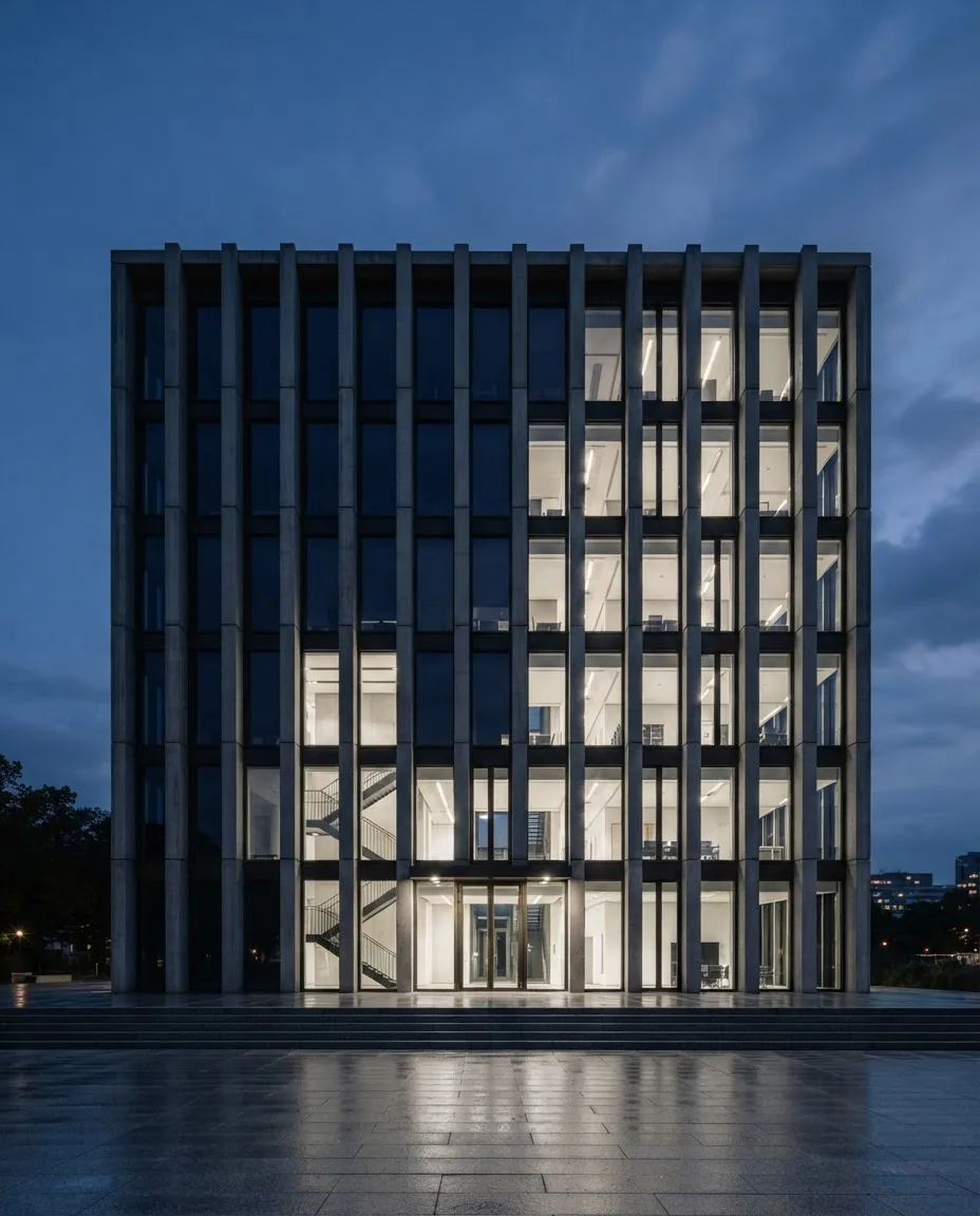 Façade d'un bâtiment institutionnel contemporain éclairé au crépuscule