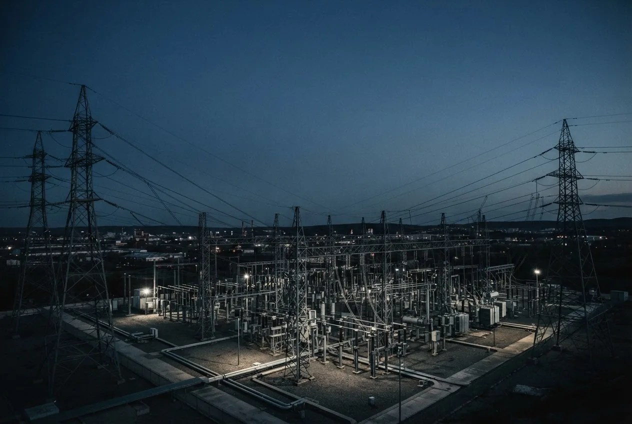 Poste électrique haute tension au crépuscule