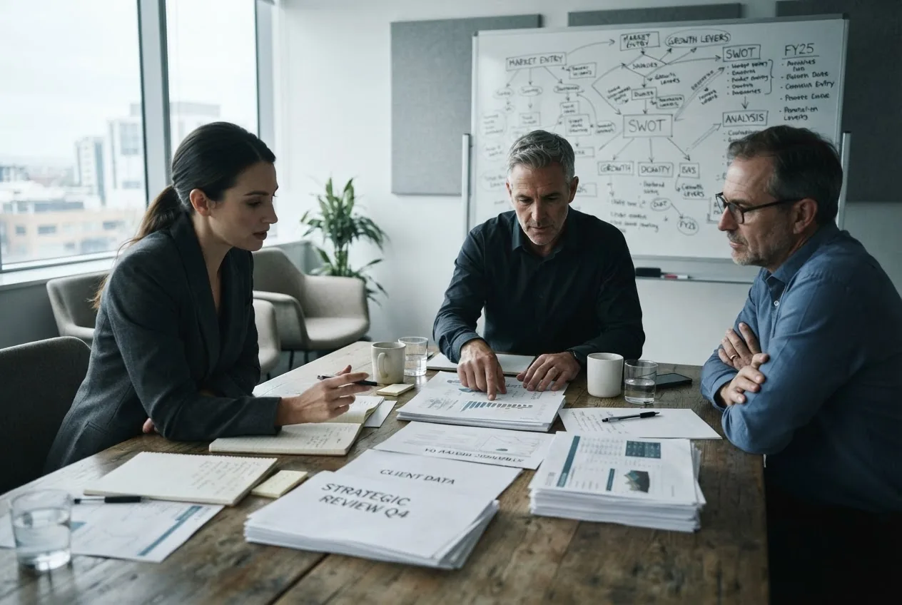 Séance de travail autour de documents et d'un tableau